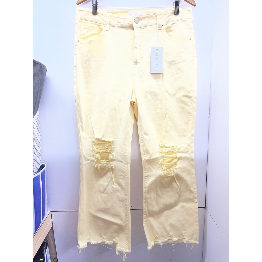 Risen Jeans Butter Yellow Distressed High Rise Straight Leg Raw Hem 15/32 NWT
